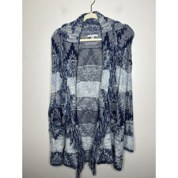 American Eagle Cotton Blue & White Open Fringe Cardigan Sweater Women's Small - Picture 1 of 10